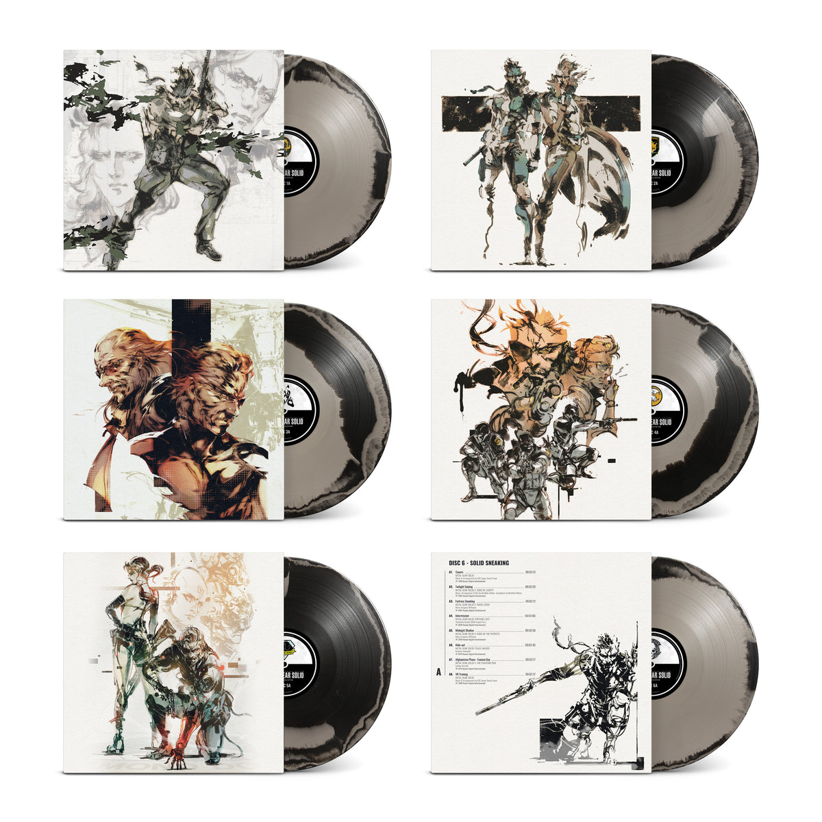Archival artwork adorns the inner sleeves of Metal Gear Solid The Vinyl Collection Laced Records Exclusive Edition 6LP box set with silver and black discs.