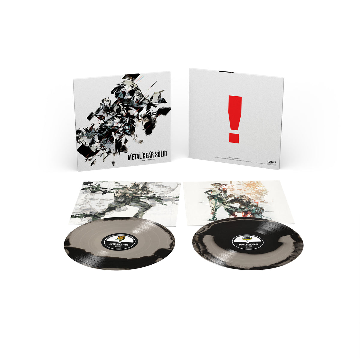 Metal Gear Solid Vinyl Selections Laced Records Exclusive Edition double LP with silver and black discs, laid out showing archival artwork
