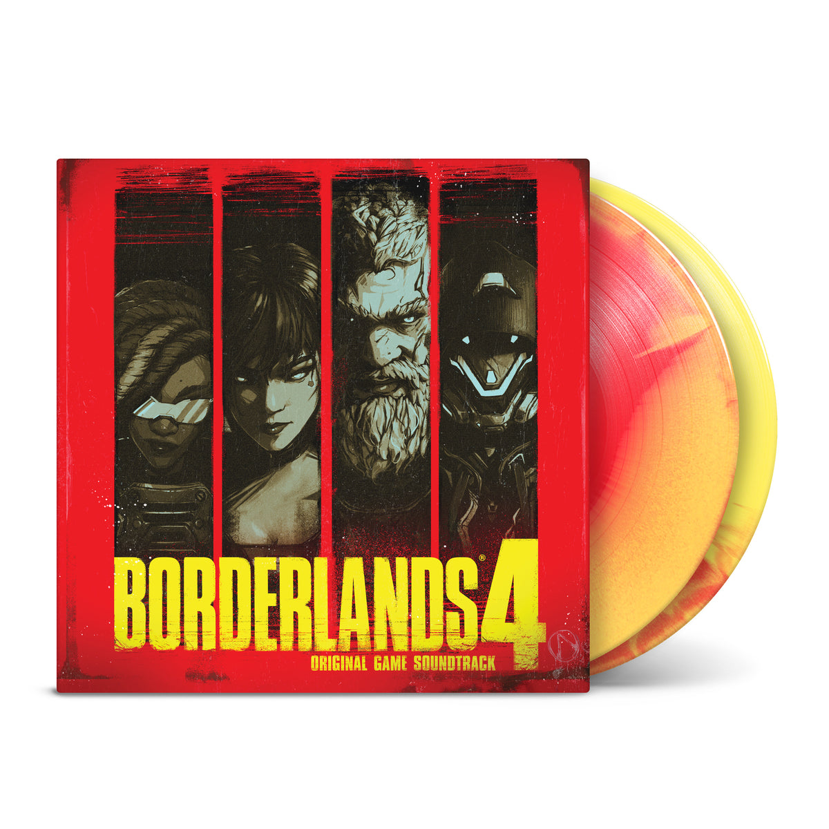Borderlands 4 original soundtrack exclusive edition wide display showcasing the 'Max Mayhem' red and yellow A-side/B-side effect heavyweight vinyl discs. 