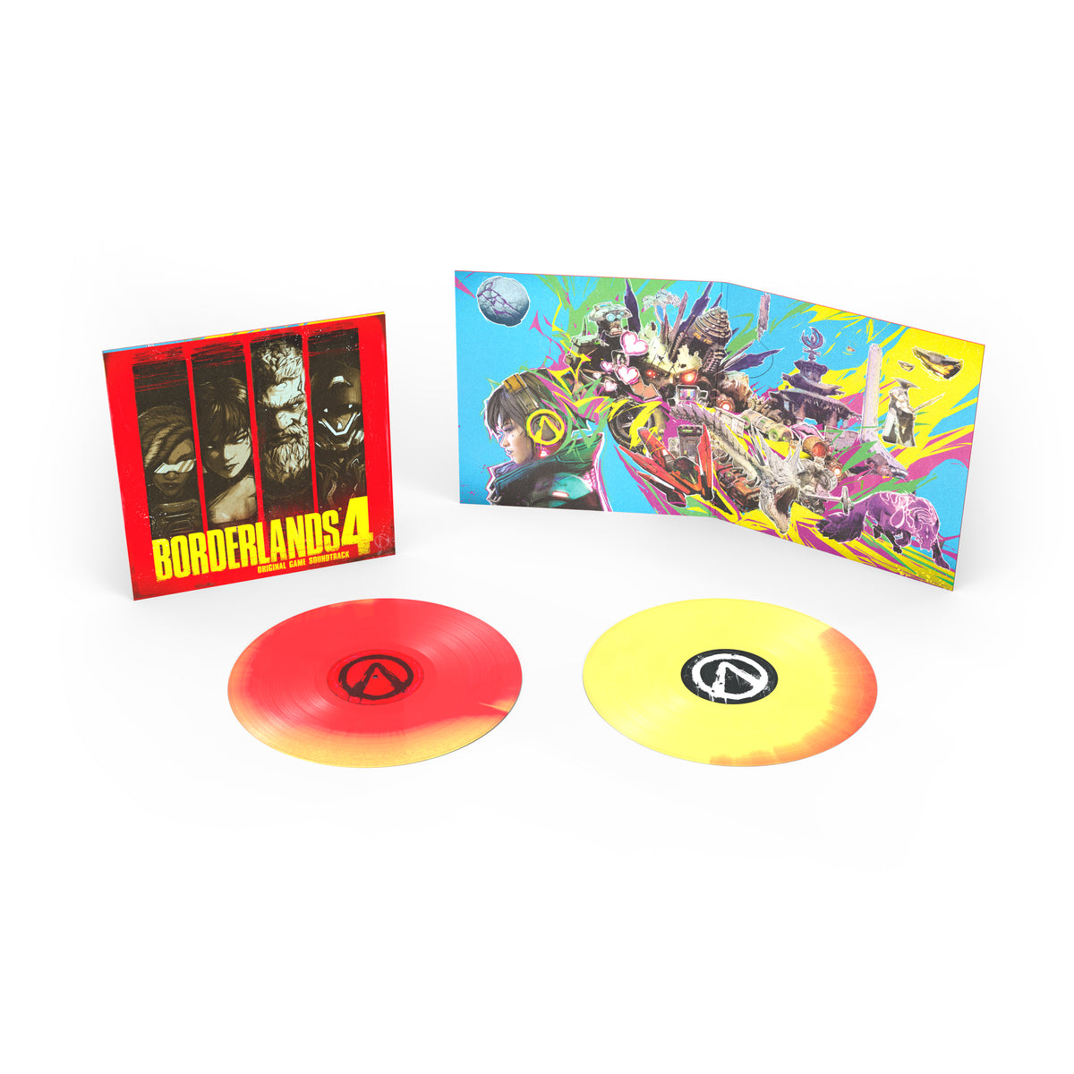 Product shot of the Borderlands 4 exclusive edition vinyl discs with their vibrant red and yellow dual-effect coloration next to the album sleeve. 