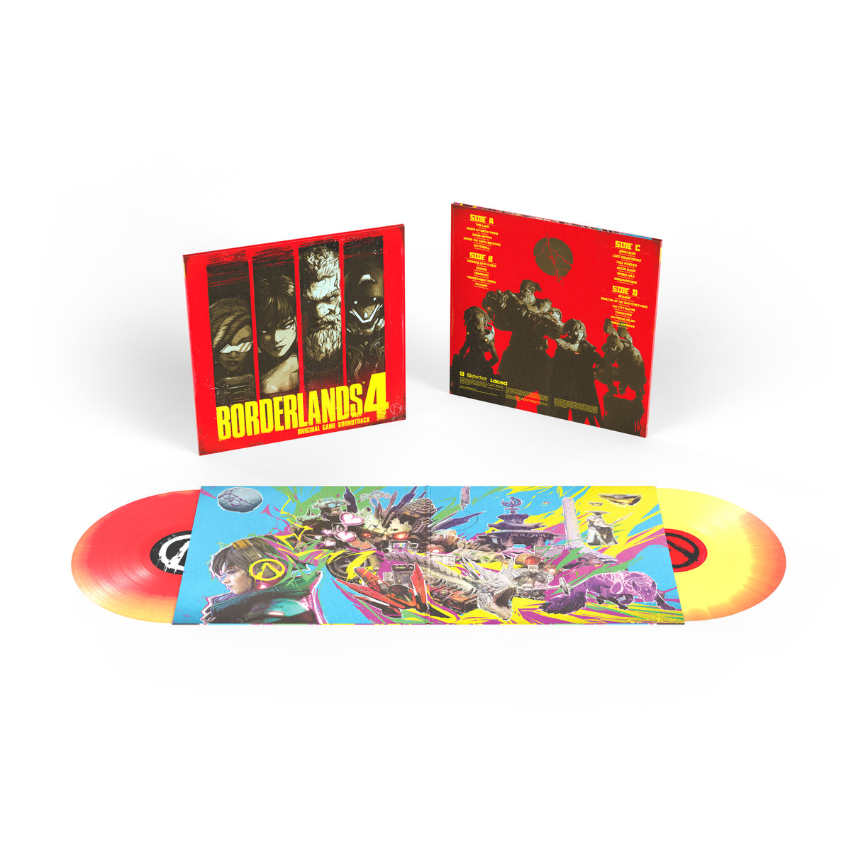 Close-up of the deluxe gatefold sleeve packaging for the Borderlands 4 vinyl soundtrack, featuring eye-popping artwork of Vault Hunters and battling beasts. 