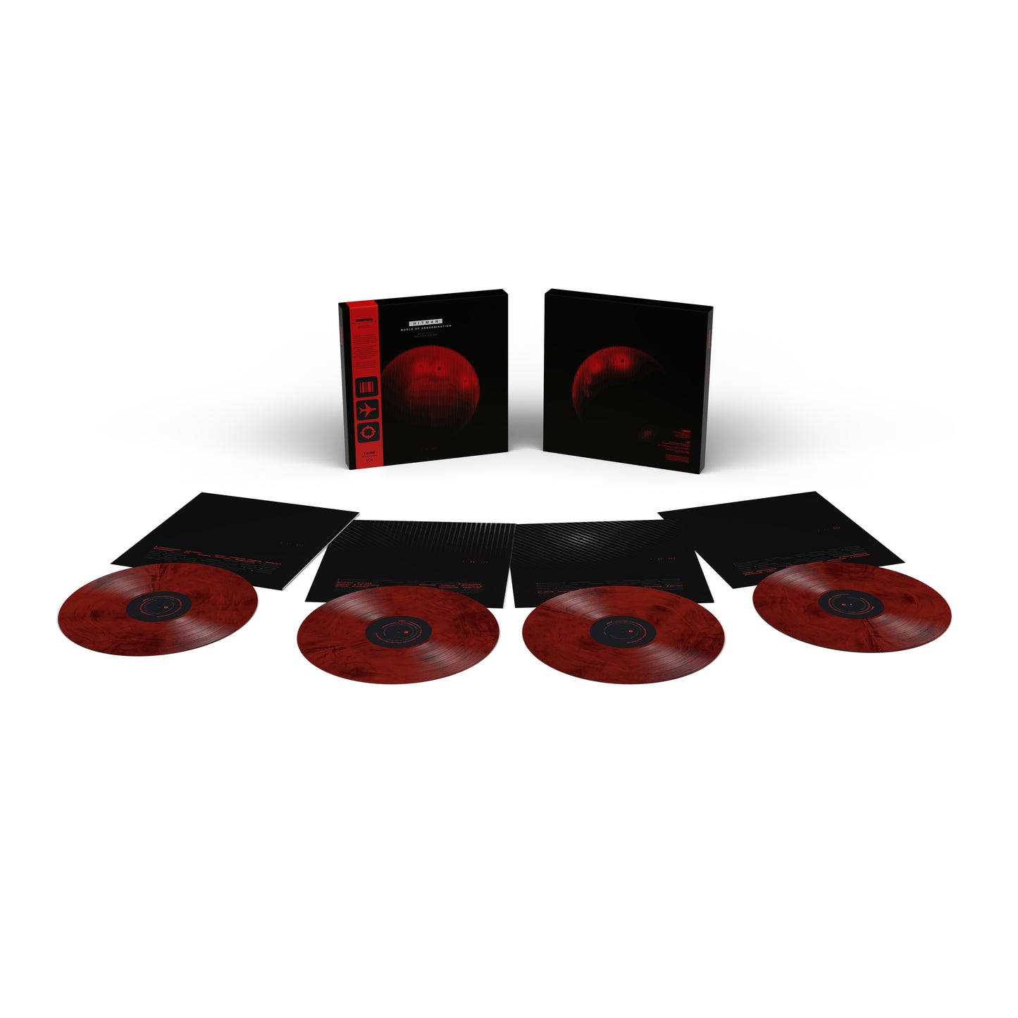 Close-up of HITMAN World of Assassination exclusive vinyl packaging with printed inner sleeves and liner notes insert.