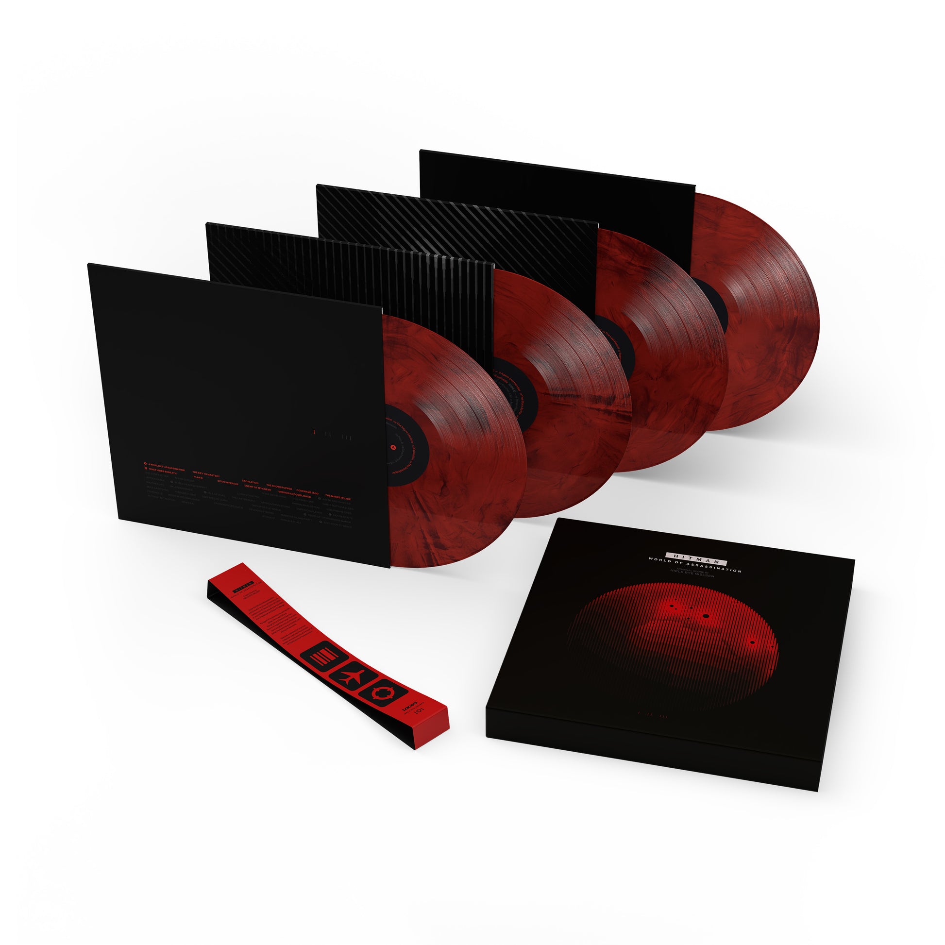 HITMAN World of Assassination soundtrack marble vinyl LPs displayed with rigid board slipcase packaging.