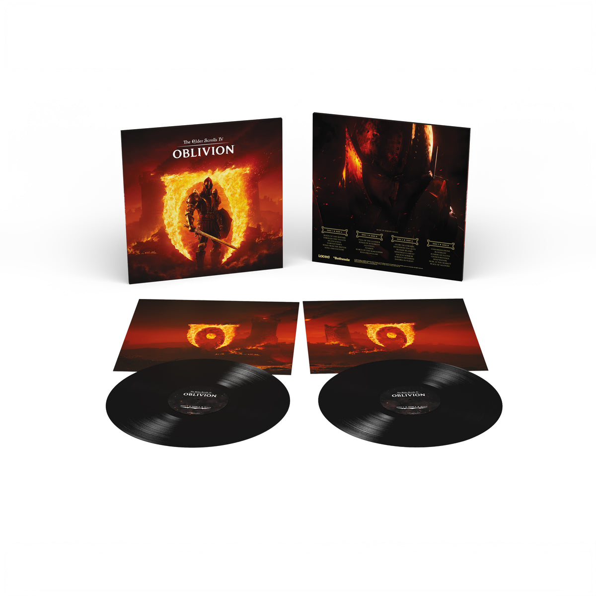The Elder Scrolls IV: Oblivion vinyl soundtrack packaging showing outer sleeve, gatefold artwork, and vinyl.