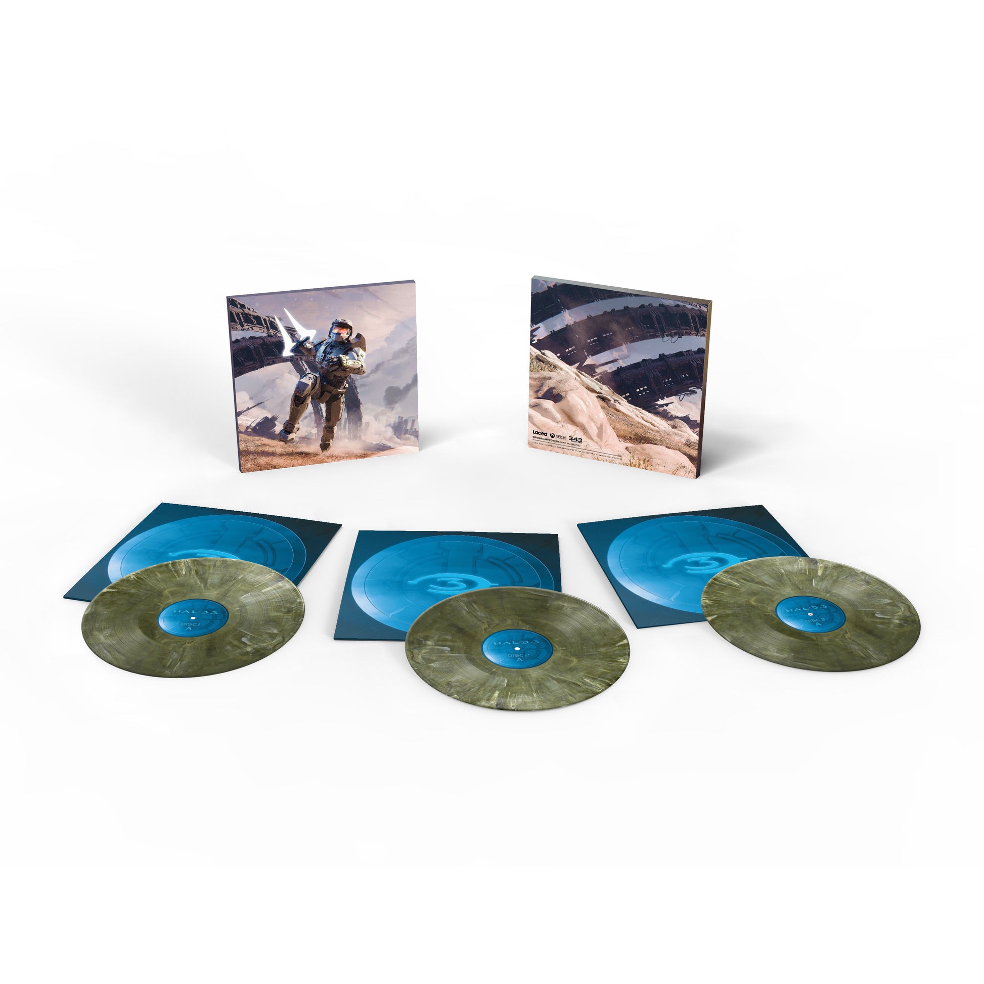 Wide Shot of Halo 3 exclusive Spartan Green marble-effect vinyl LP.