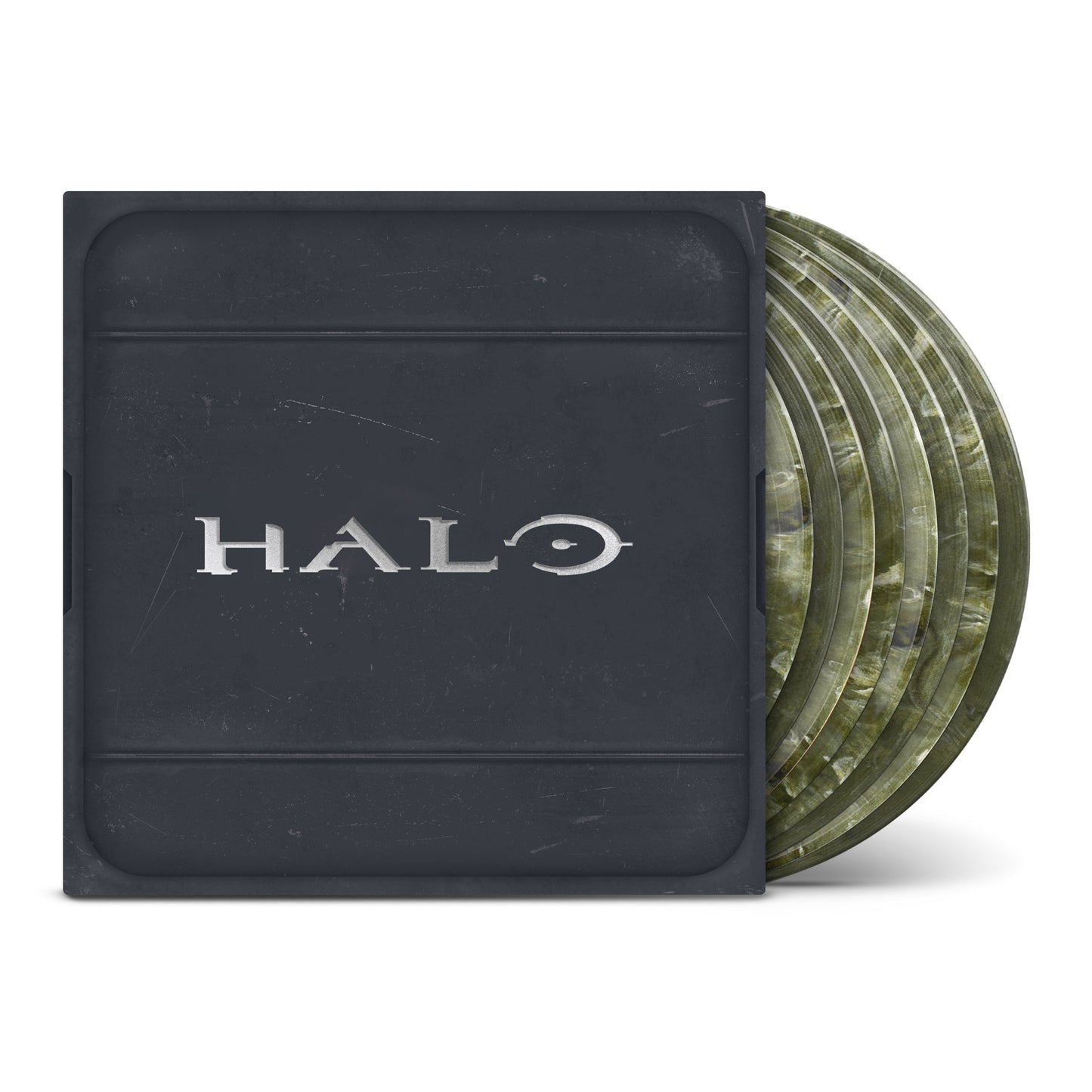 Halo Trilogy soundtrack vinyl box set featuring exclusive Spartan Green LPs and artwork inspired by Halo: Combat Evolved, Halo 2, and Halo 3.
