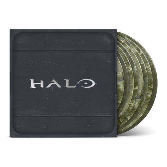 Halo Trilogy soundtrack vinyl box set featuring exclusive Spartan Green LPs and artwork inspired by Halo: Combat Evolved, Halo 2, and Halo 3.

