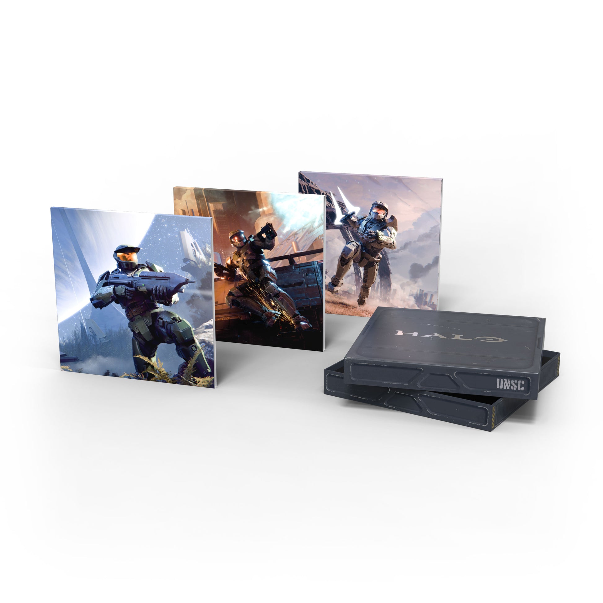 Halo Trilogy soundtrack vinyl box set featuring exclusive Spartan Green LPs and artwork inspired by Halo: Combat Evolved, Halo 2, and Halo 3.