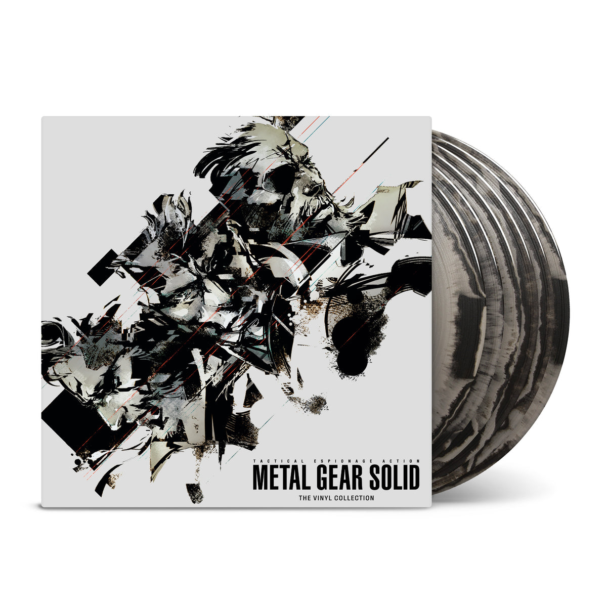 Mock-up of Metal Gear Solid The Vinyl Collection Laced Records Exclusive Edition 6LP box set with silver and black discs