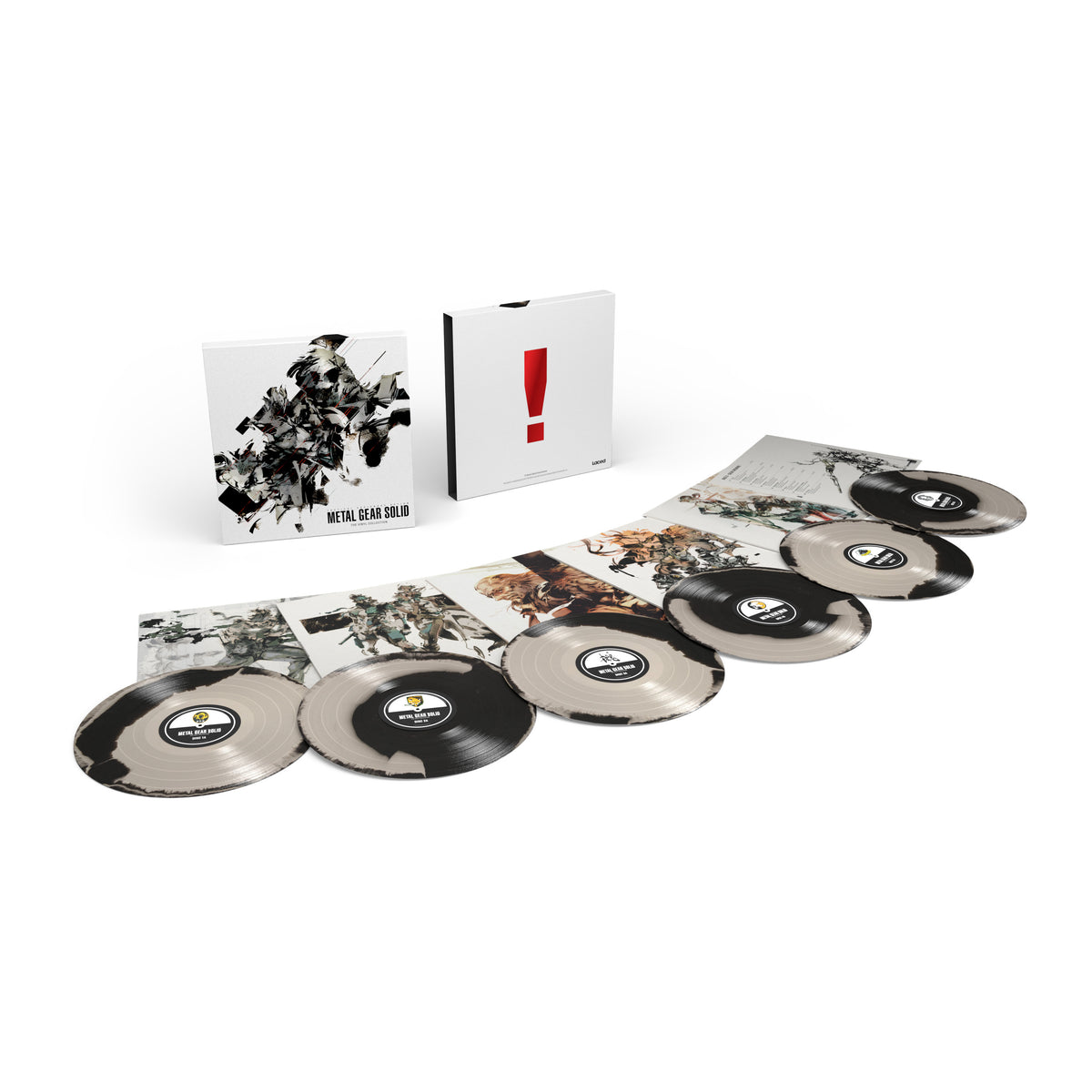 Metal Gear Solid The Vinyl Collection Laced Records Exclusive Edition 6LP box set with silver and black discs, laid out showing archival artwork
